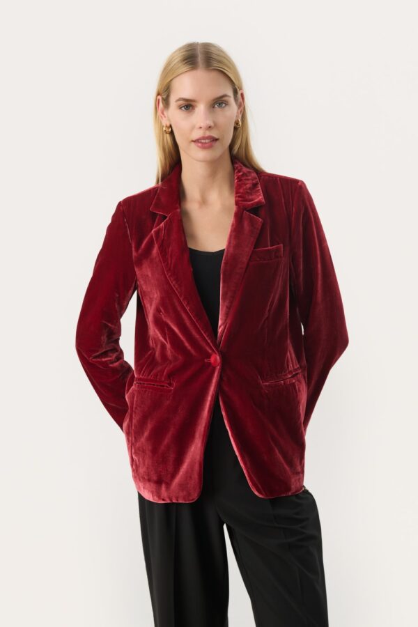 part two loretta red velvet jacket